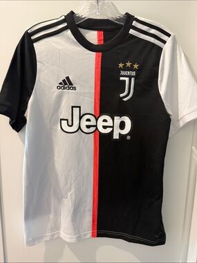 adidas Black & White Juventus Soccer Jersey with Red Stripe
